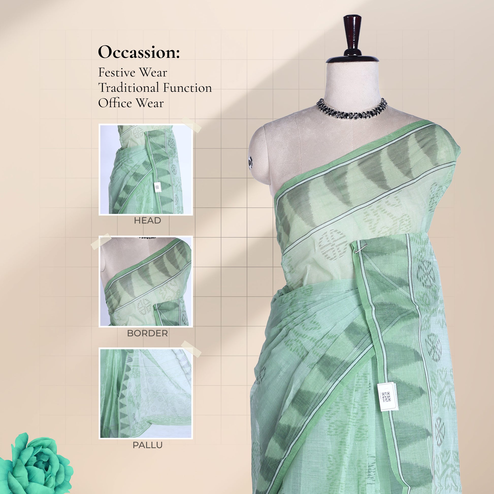 Bengal Cotton Saree With Geometric Butta Design And Double Line Border In Green - Front Draped View