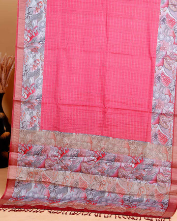Elegant Semi Tussar Saree with Subtle Checkered Weave and Artistic Floral Patterned Border - Pink