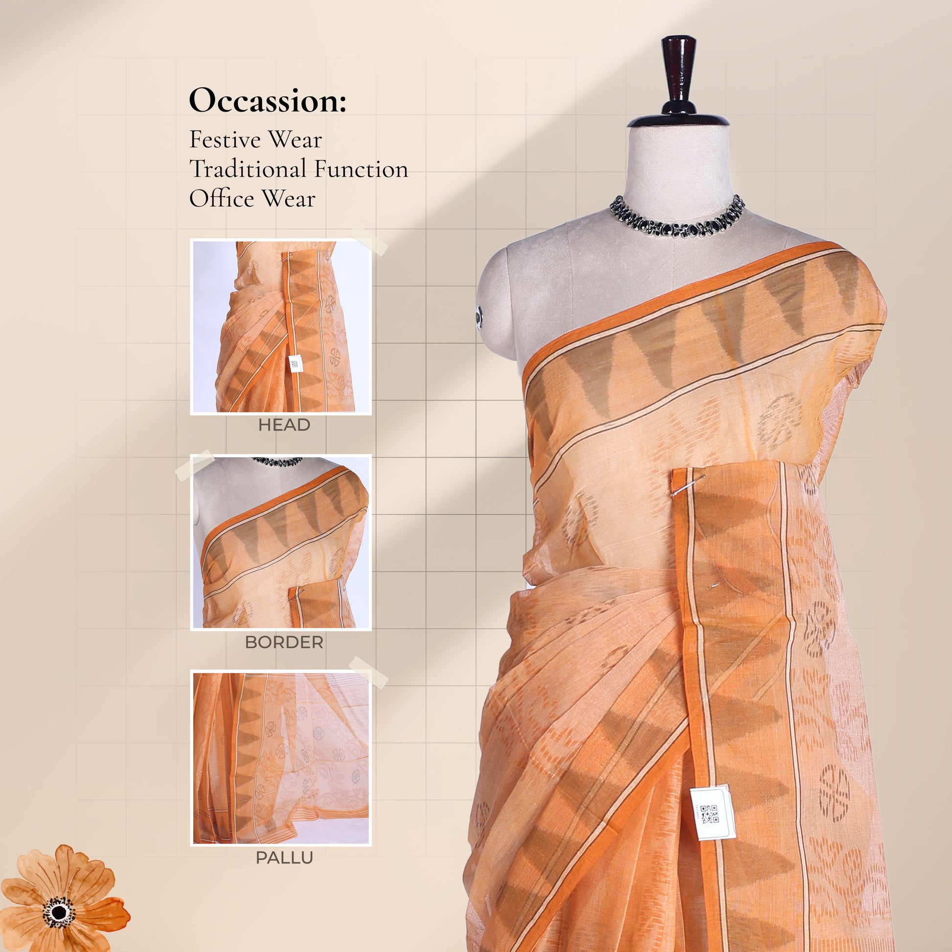 Bengal Cotton Saree With Geometric Butta Design And Double Line Border In Orange - Front Draped View