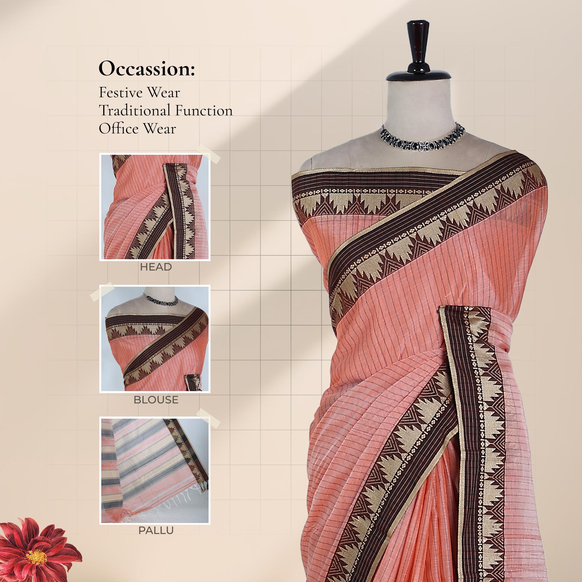 Mangalagiri Cotton Saree a Striped Weave Pattern Traditional Temple Border and Black Contrasting Pallu