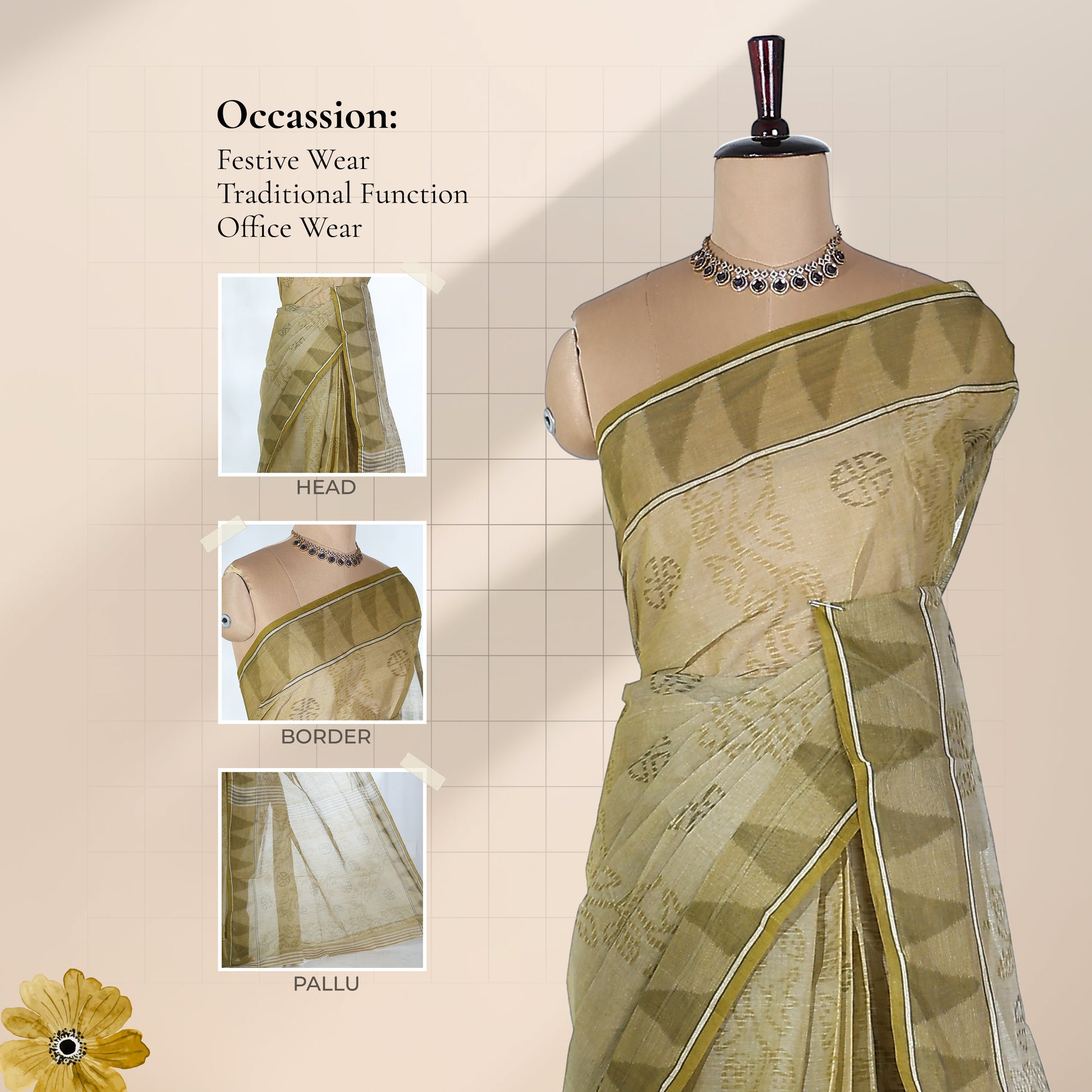 Bengal Cotton Saree With Geometric Butta Design And Double Line Border In Olive Green - Front Draped View