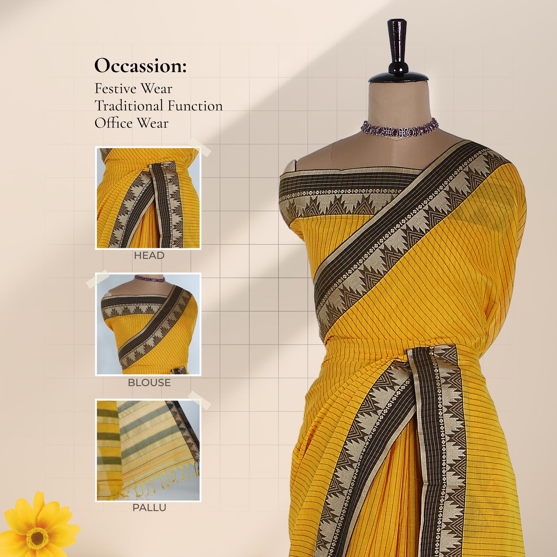 Yellow Mangalagiri Cotton Saree  a Striped Weave Pattern And Traditional Temple Motif Border Suitable For Traditional And Office Wear