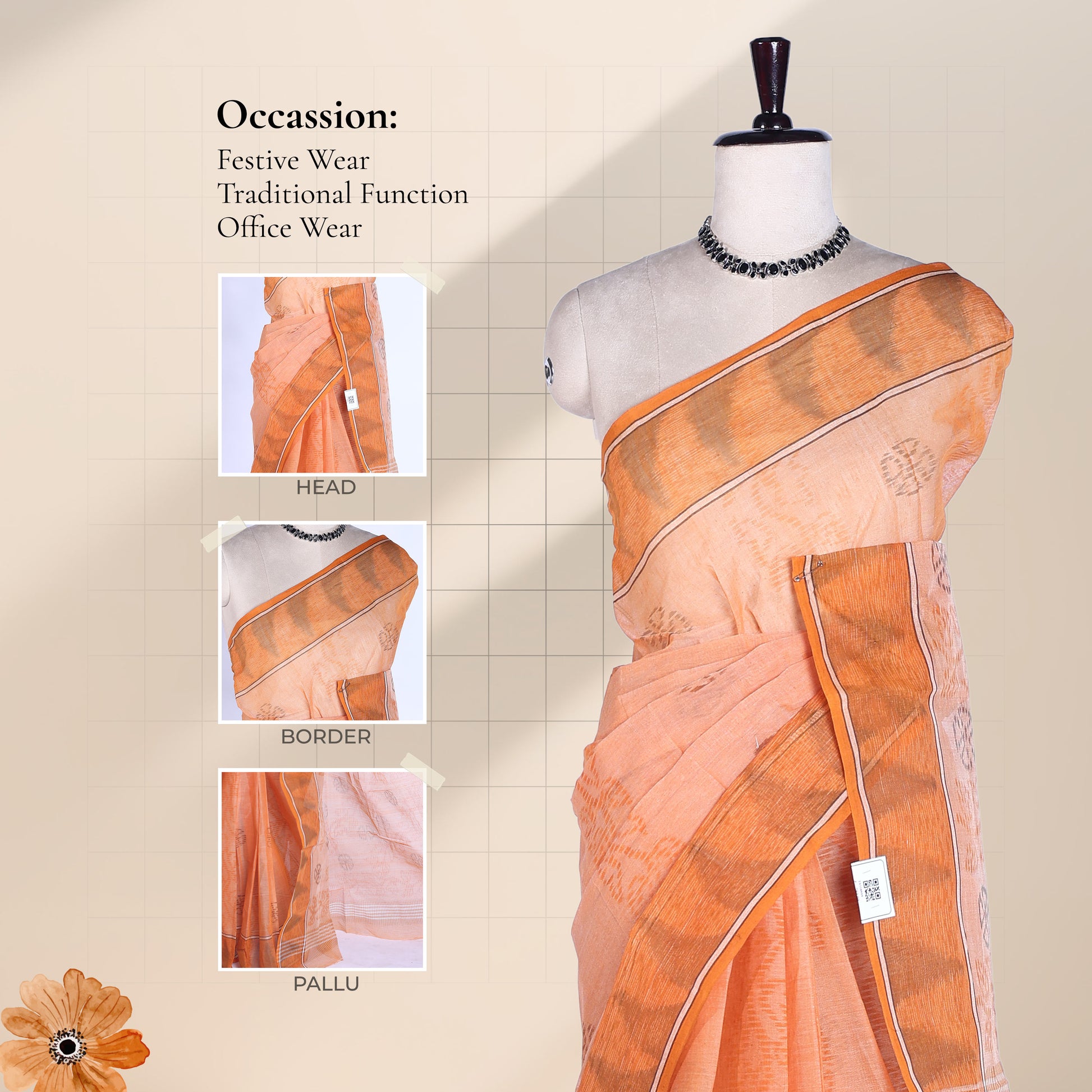 Bengal Cotton Saree With Geometric Butta Design And Double Line Border In Dark Orange - Front Draped View