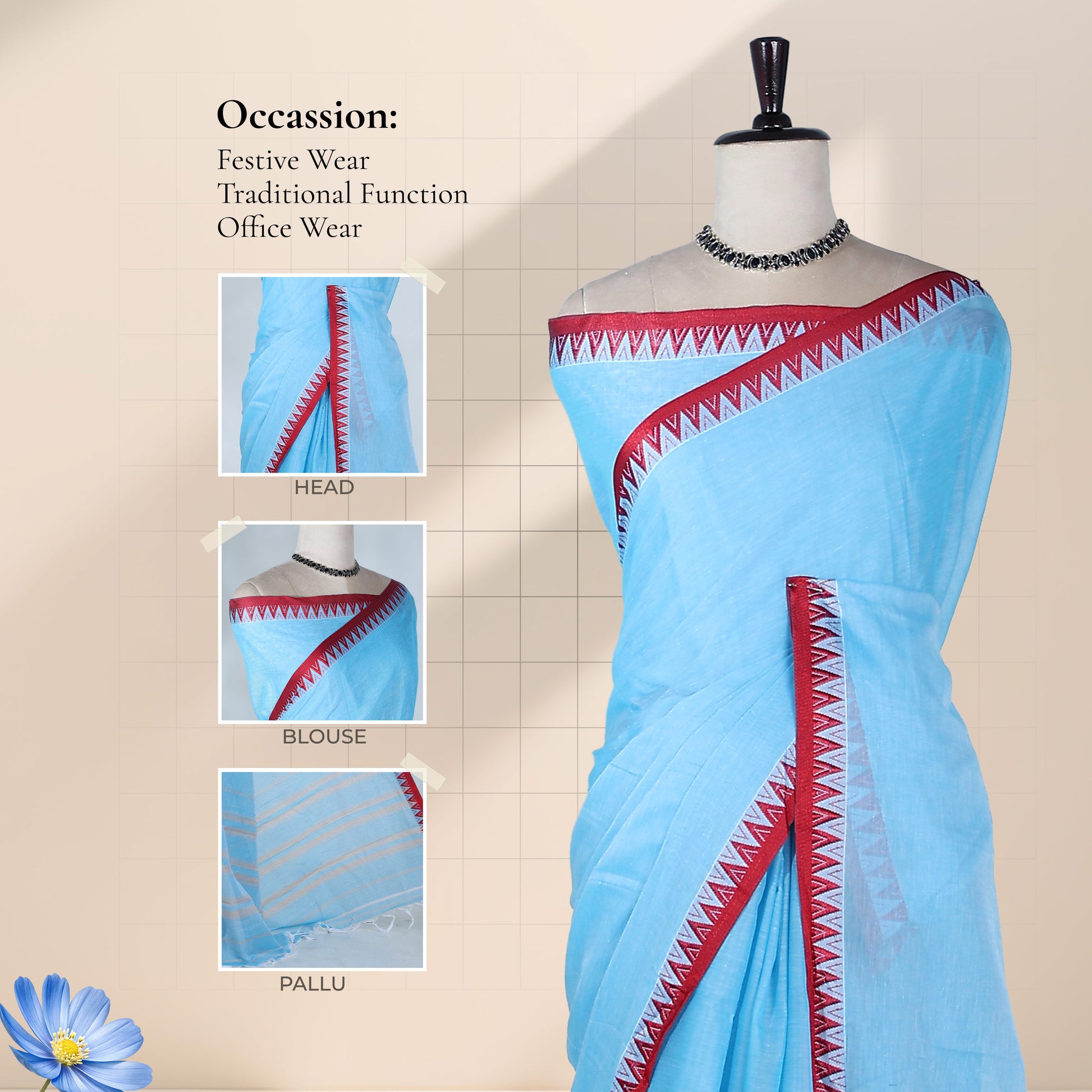 Aqua Blue Mangalagiri Cotton Saree With Red Temple Border And Striped Pallu Detail Design