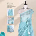 Teal Bengal Cotton Saree With Floral Motifs And Narrow Border, Front View On Display Mannequin
