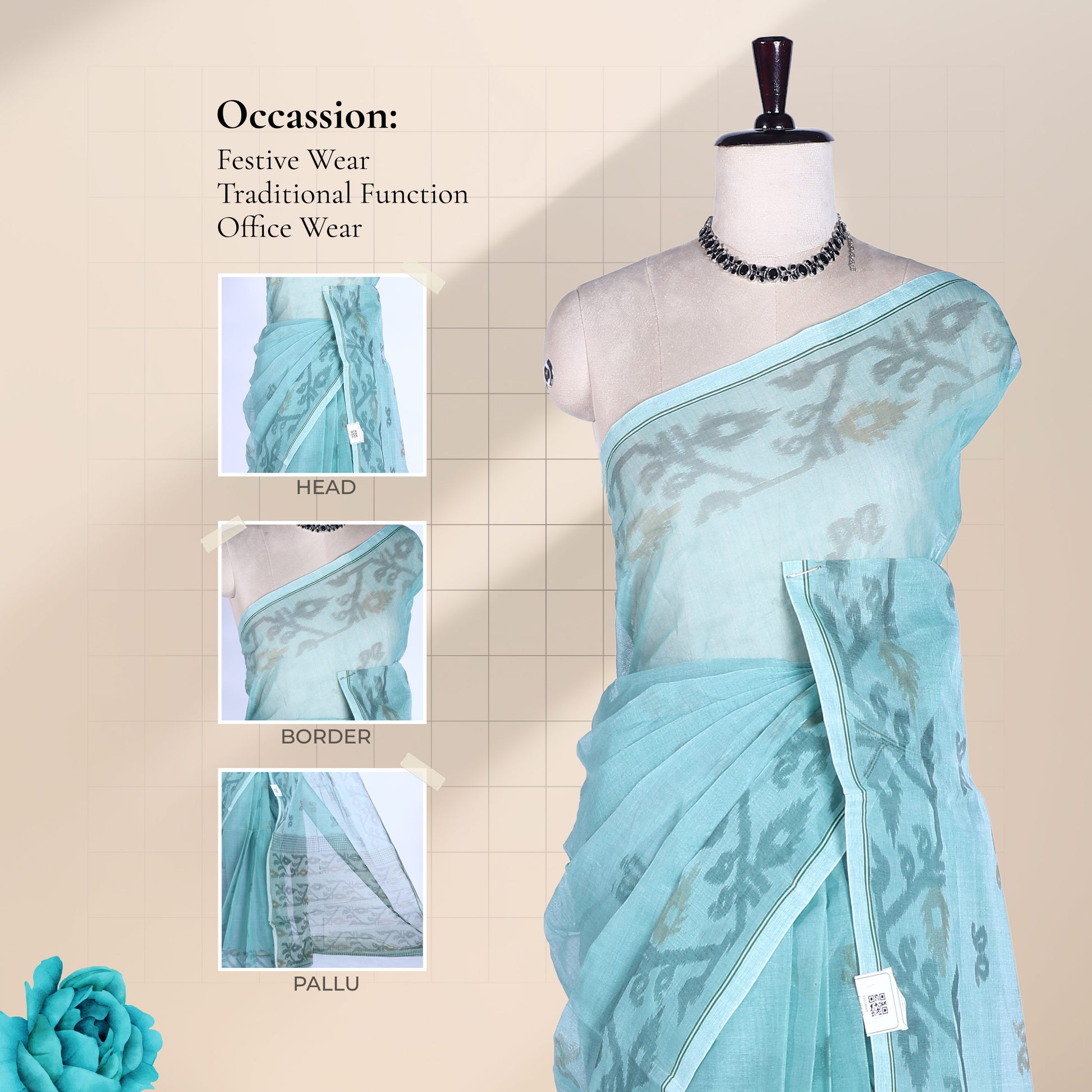 Teal Bengal Cotton Saree With Floral Motifs And Narrow Border, Front View On Display Mannequin

