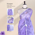 Purple Bengal Cotton Saree With Floral Motifs And Narrow Border, Front View On Display Mannequin
