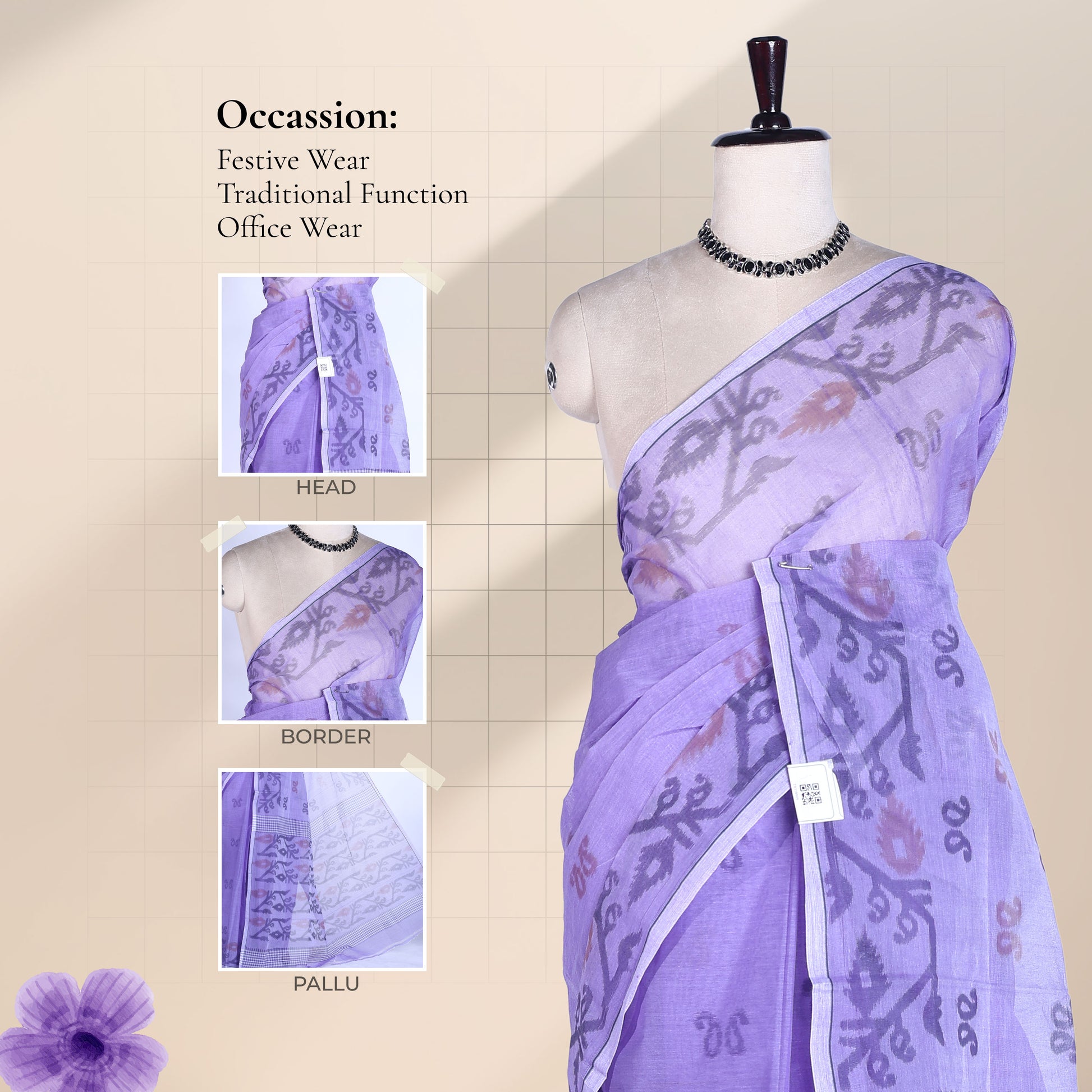Purple Bengal Cotton Saree With Floral Motifs And Narrow Border, Front View On Display Mannequin
