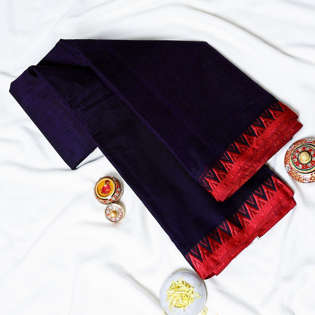 Navy Blue Mangalagiri Cotton Saree for Women | Festive Summer Collection | Jeyachandran - Full View