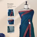 Teal Blue Mangalagiri Cotton Saree With Red Temple Border And Striped Pallu Detail Design