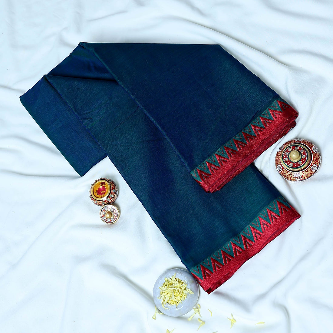 Teal Blue Mangalagiri Cotton Saree for Women | Festive Summer Collection | Jeyachandran - Full View