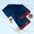 Teal Blue Mangalagiri Cotton Saree With A Contrasting Red Woven Border And Traditional Pallu Design
