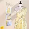 Yellow Bengal Cotton Saree With Floral Motifs And Narrow Border, Front View On Display Mannequin