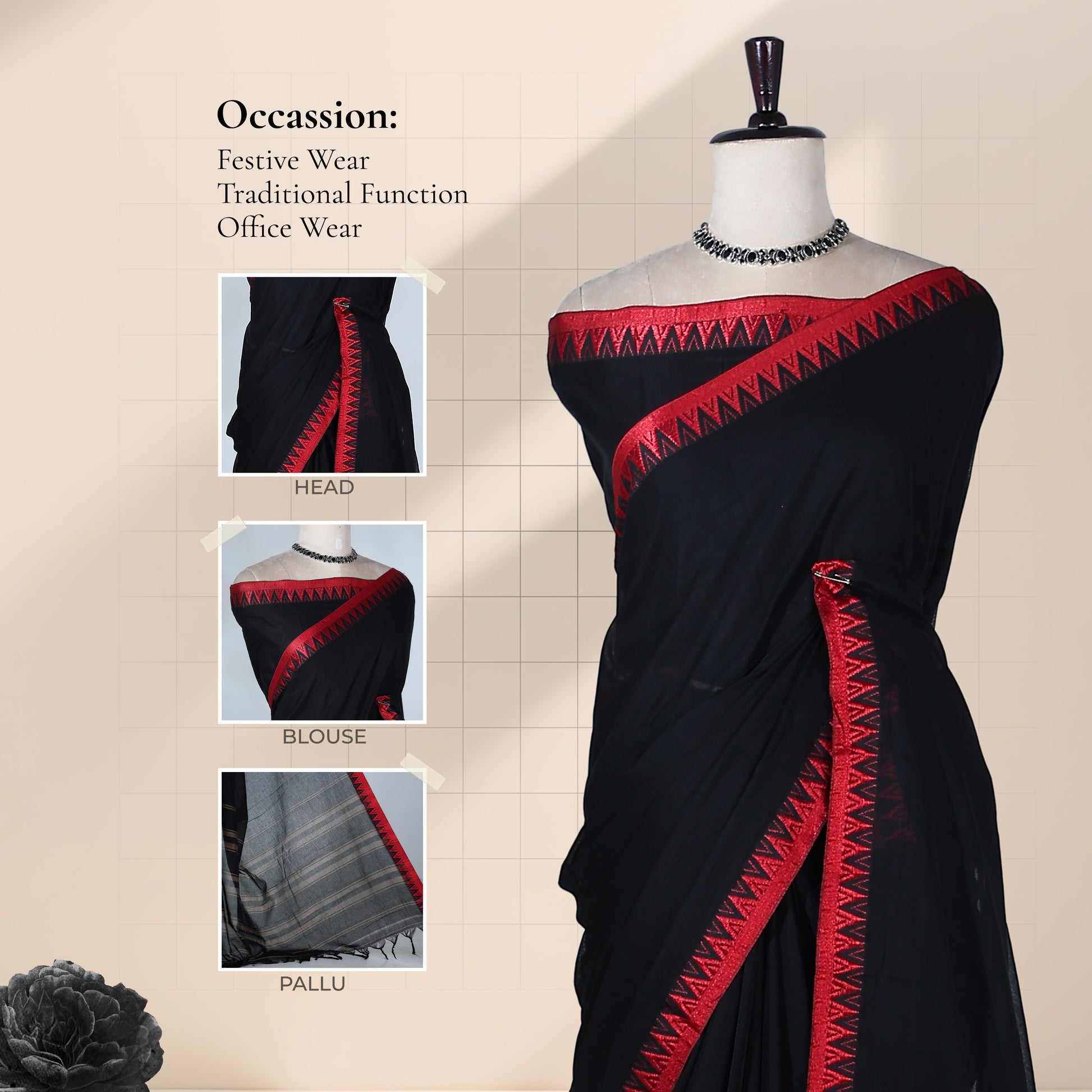 Balck Mangalagiri Cotton Saree With Red Temple Border And Striped Pallu Detail Design