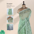 Green Bengal Cotton Saree With Floral Motifs And Narrow Border, Front View On Display Mannequin