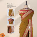Olive Green Mangalagiri Cotton Saree With Ornate Gold Zari Border And Red Contrast Edge -  Draped Front View