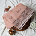 Peach Bengal Cotton Saree With Floral Motifs And Narrow Border, Front View On Display Mannequin
