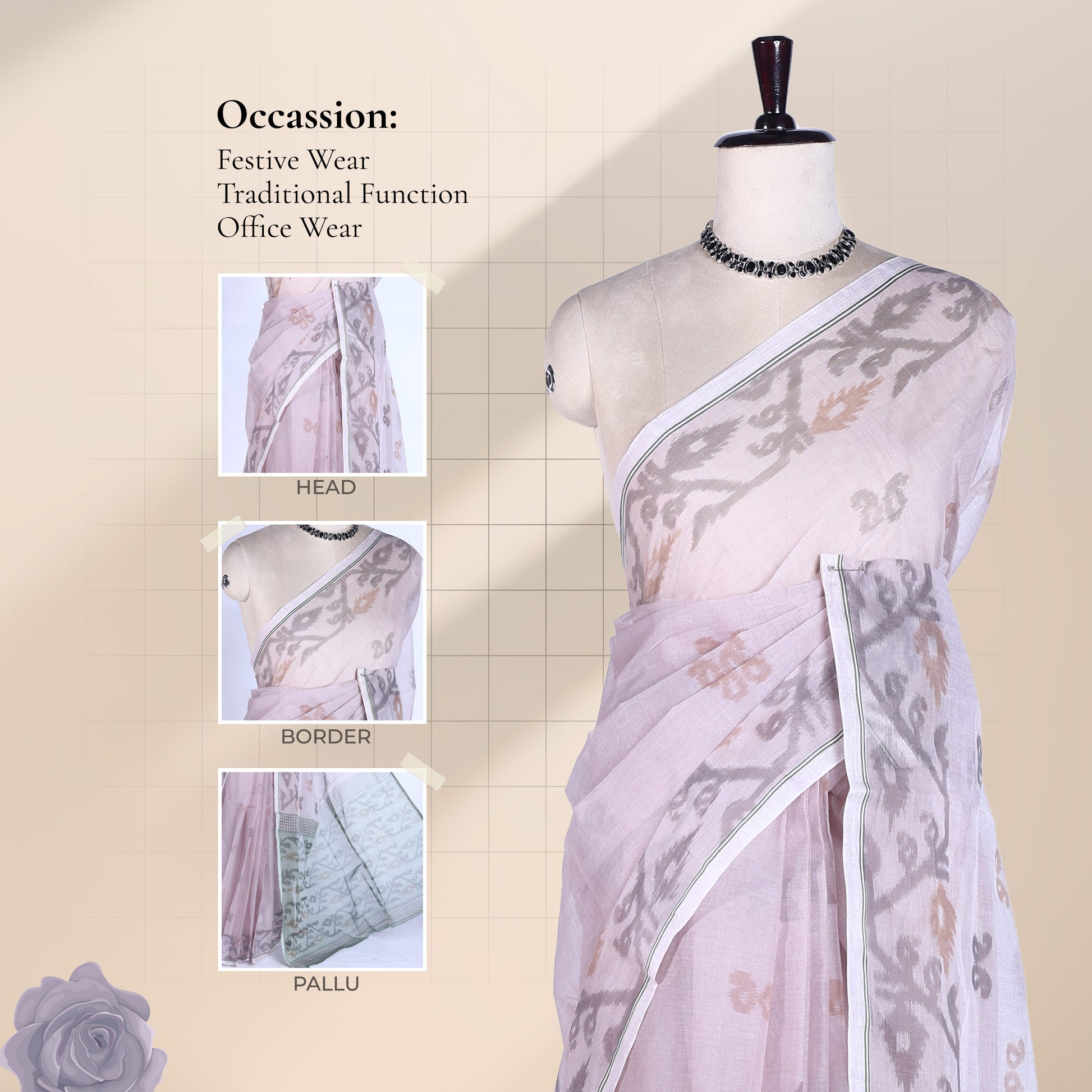 Light Brown Bengal Cotton Saree With Floral Motifs And Narrow Border, Front View On Display Mannequin