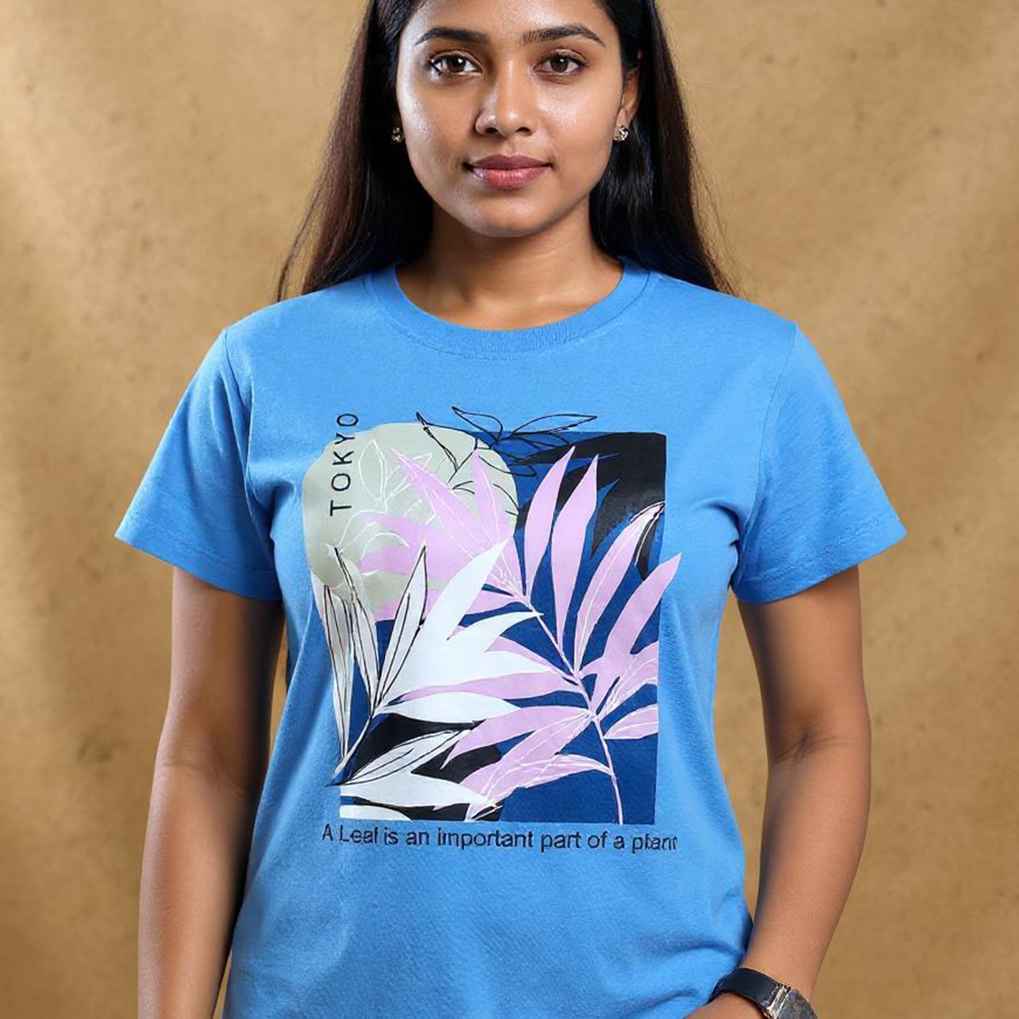 Leaf Print Women's T-Shirt - Blue
