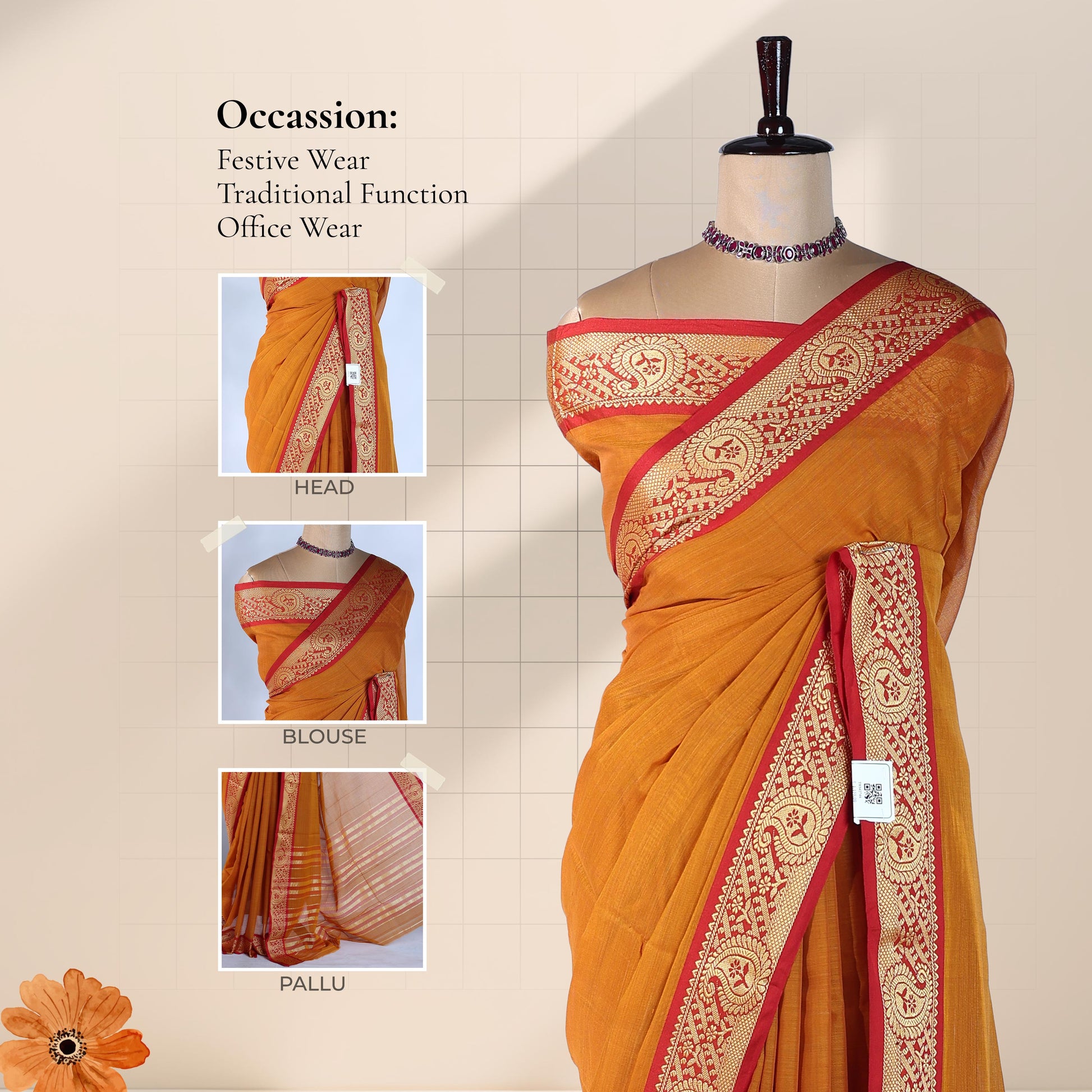 Yellow Mangalagiri Cotton Saree With Ornate Gold Zari Border And Red Contrast Edge -  Draped Front View