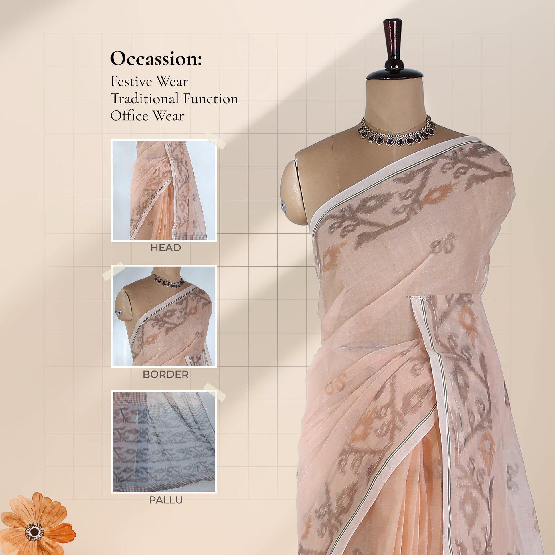 Bengal Cotton Saree With Subtle Floral And Abstract Woven Motifs In Peach Folded Close Up Display View