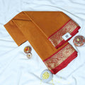 Light Orange Mangalagiri Cotton Saree With Gold Zari Floral Border And Red Contrast Edge -Top Folded View