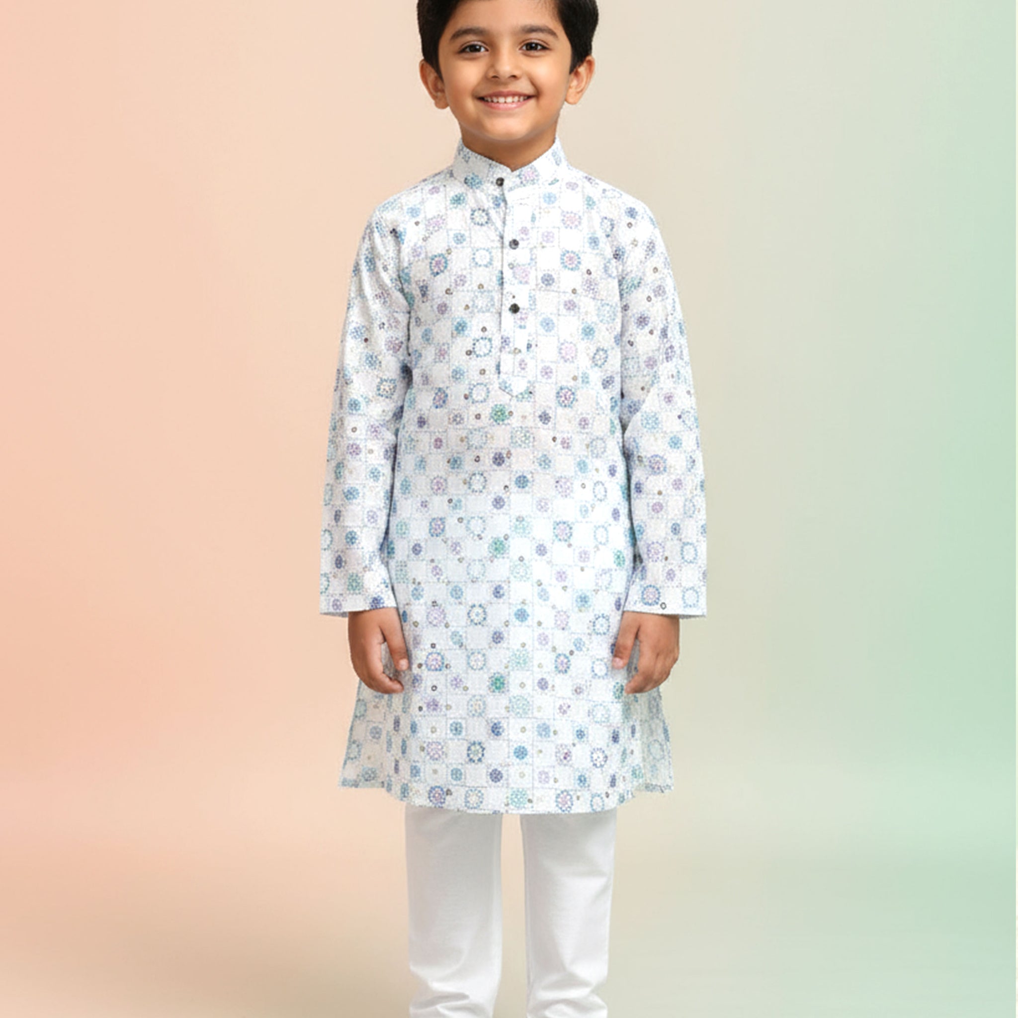 Boys White Kurta Set with Green & Lavender Circular Floral Print  with Geometric Touch