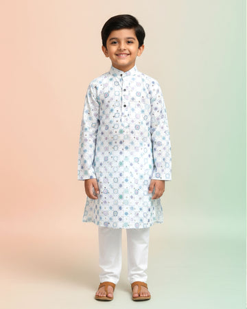 Boys White Kurta Set with Green & Lavender Circular Floral Print  with Geometric Touch