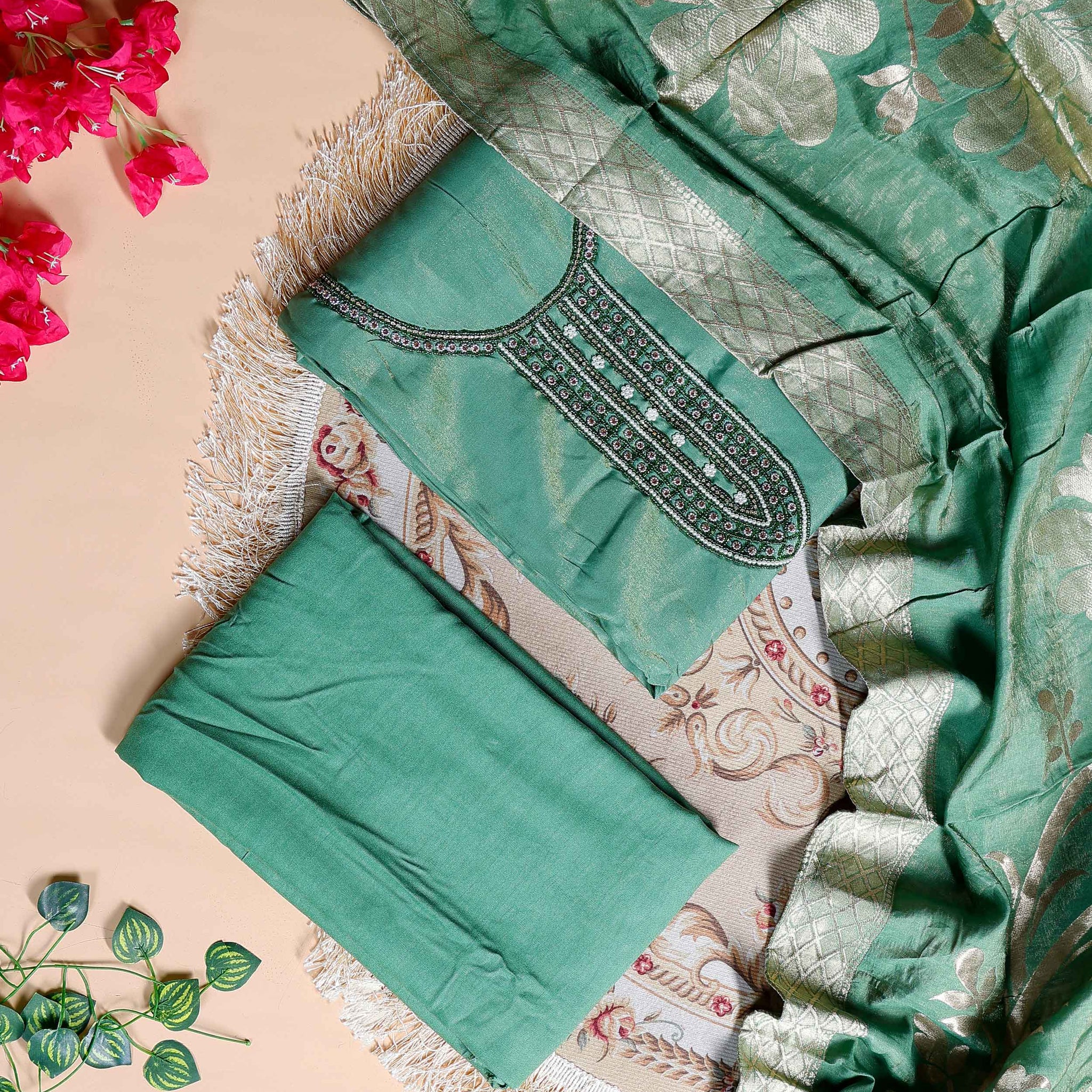 Women's Unstitched Salwar Material with Sequined Embroidery and Complementary Dupatta - Green