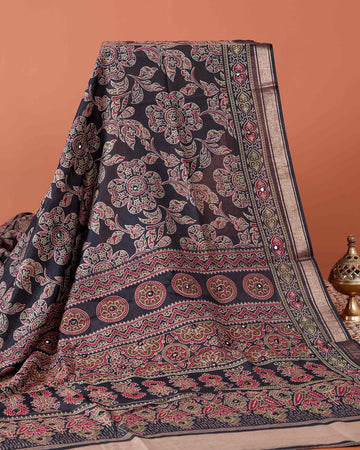 Elegant Semi Chanderi Saree with Floral Inspired Print and Zari Border - Black