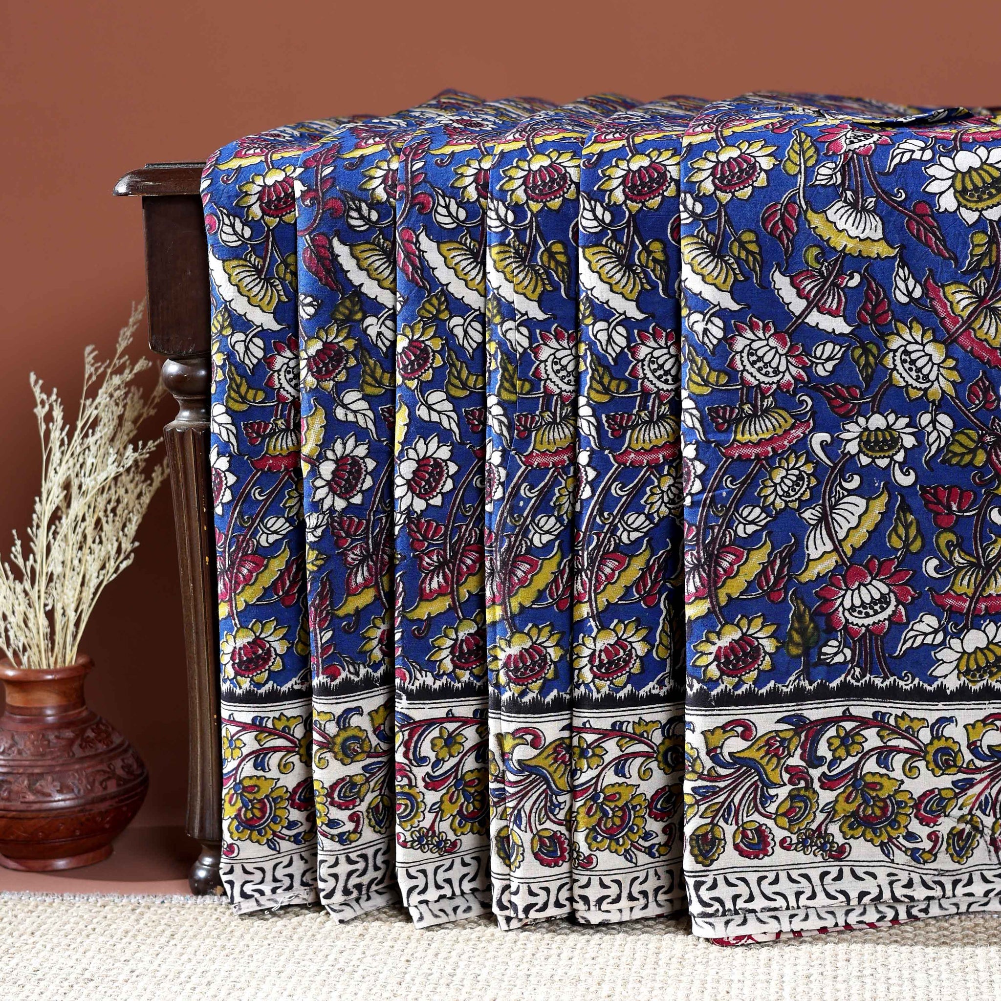 Traditional Handloom Kalamkari Cotton Saree with Intricate Floral and Avian Motifs - Navy Blue