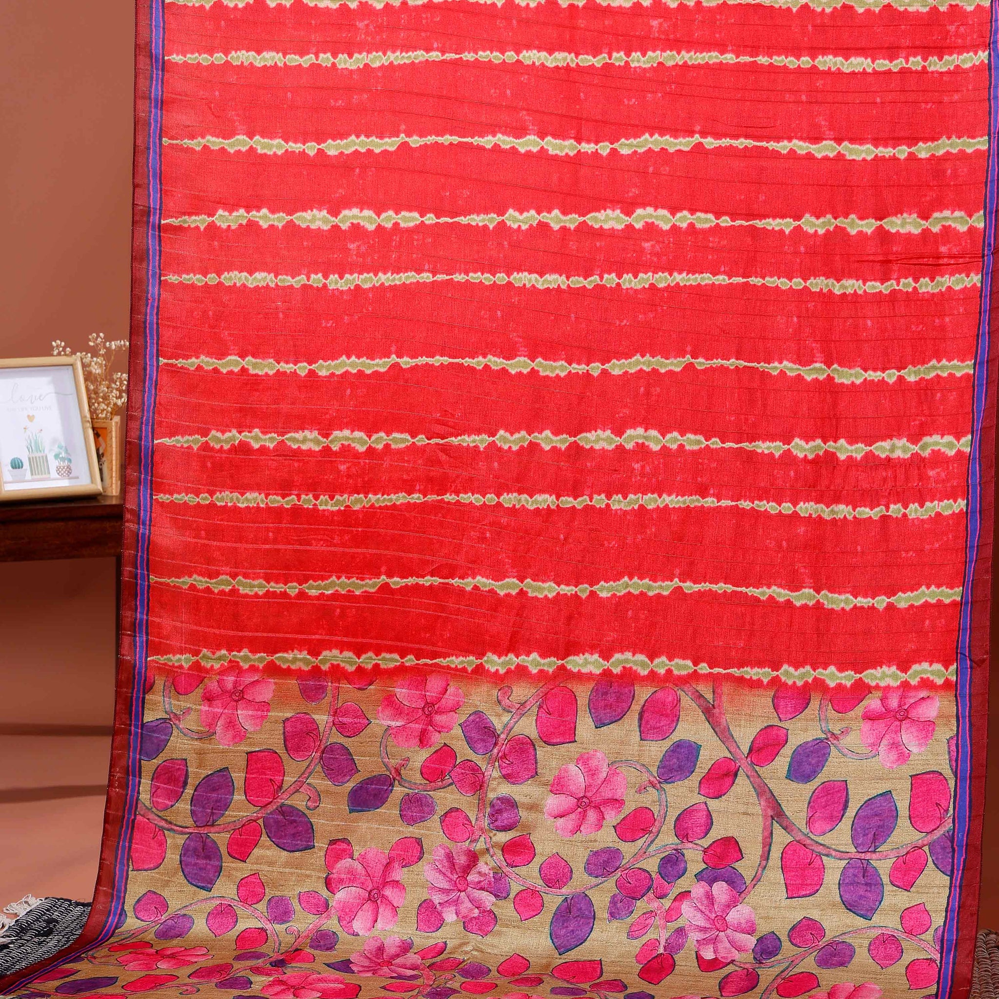 Elegant Semi Tussar Silk Saree with Intricate Floral Patterns and Textured Stripes - Red
