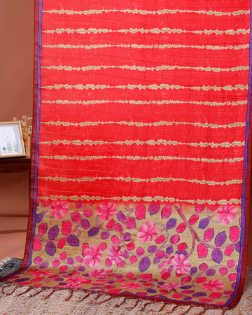 Elegant Semi Tussar Silk Saree with Intricate Floral Patterns and Textured Stripes - Red