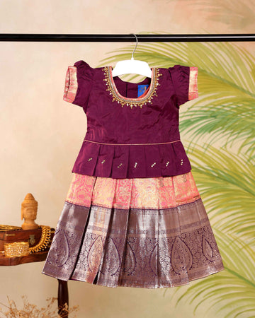 Traditional Kids Pattu Pavadai Readymade a Traditional Ethnic Gown with Zari Border & Puff Sleeves  - Burgundy