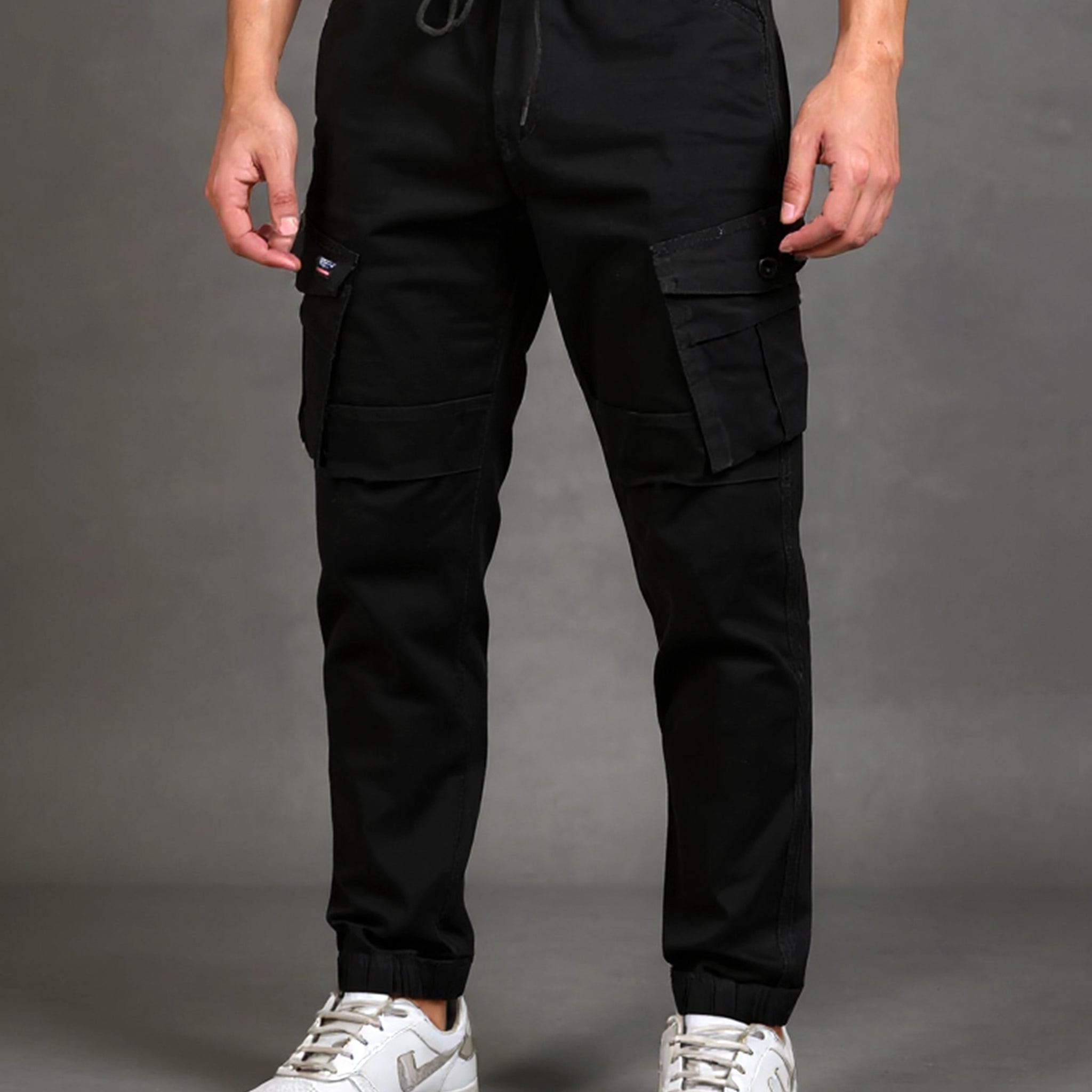 Men’s Tapered Fit Cargo Pant with Drawstring Waist and Multiple Utility Pockets  -  Black