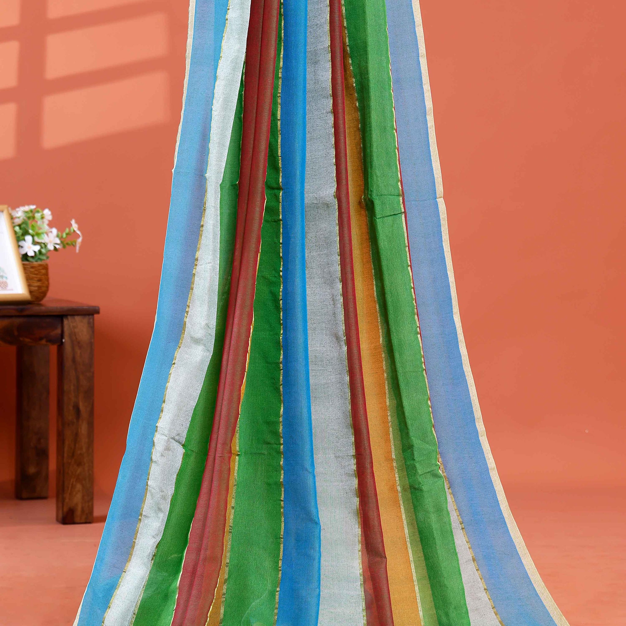 Handwoven Mul Mul Cotton Saree with Bold Striped Pattern and Tassel Detailing – Multi