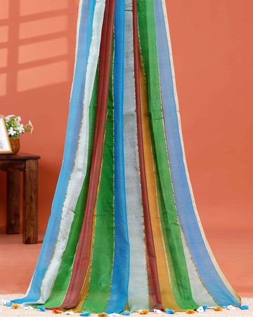 Handwoven Mul Mul Cotton Saree with Bold Striped Pattern and Tassel Detailing – Multi