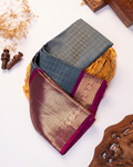 Elegant Kanchipuram Pure Silk Saree with Checked Body and Rich Traditional Zari Woven Border - Grey