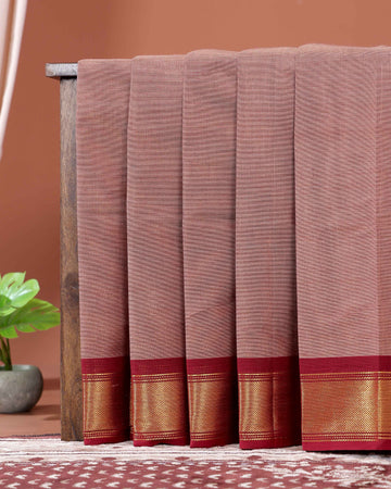 Traditional Chettinad Cotton Saree with Elegant Zari Border Plain Body Weave - Reddish Brown