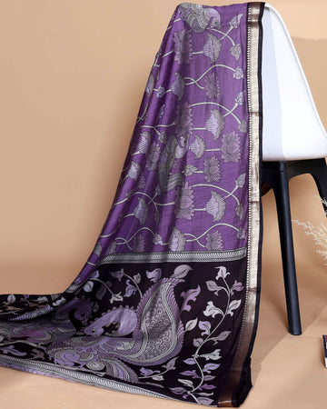 Elegant Semi Chanderi Saree with Traditional Kalamkari Handcrafted Motifs and Intricate Zari Border -  Purple