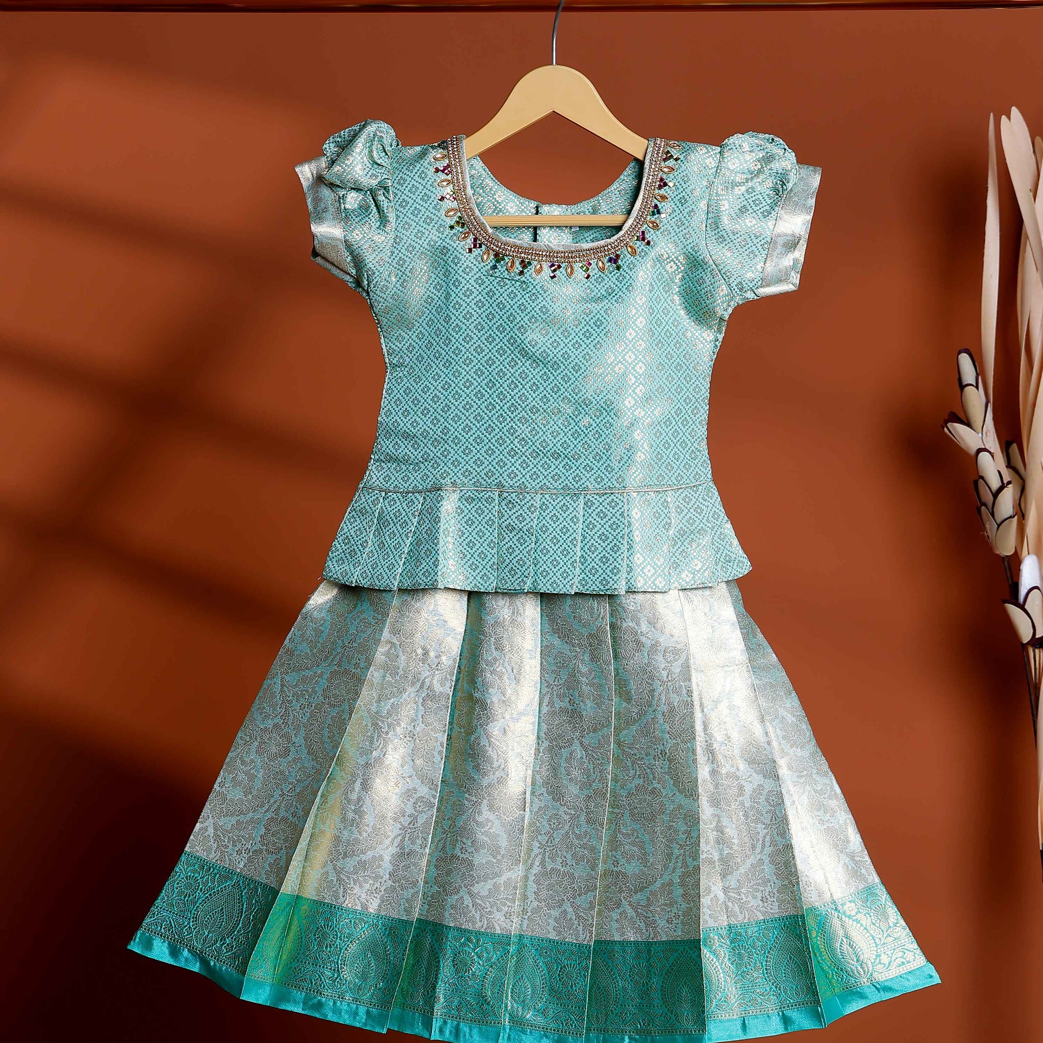 Elegant Woven Kids Readymade Pattu Pavadai with Brocade Blouse and Zari Border Skirt - Green