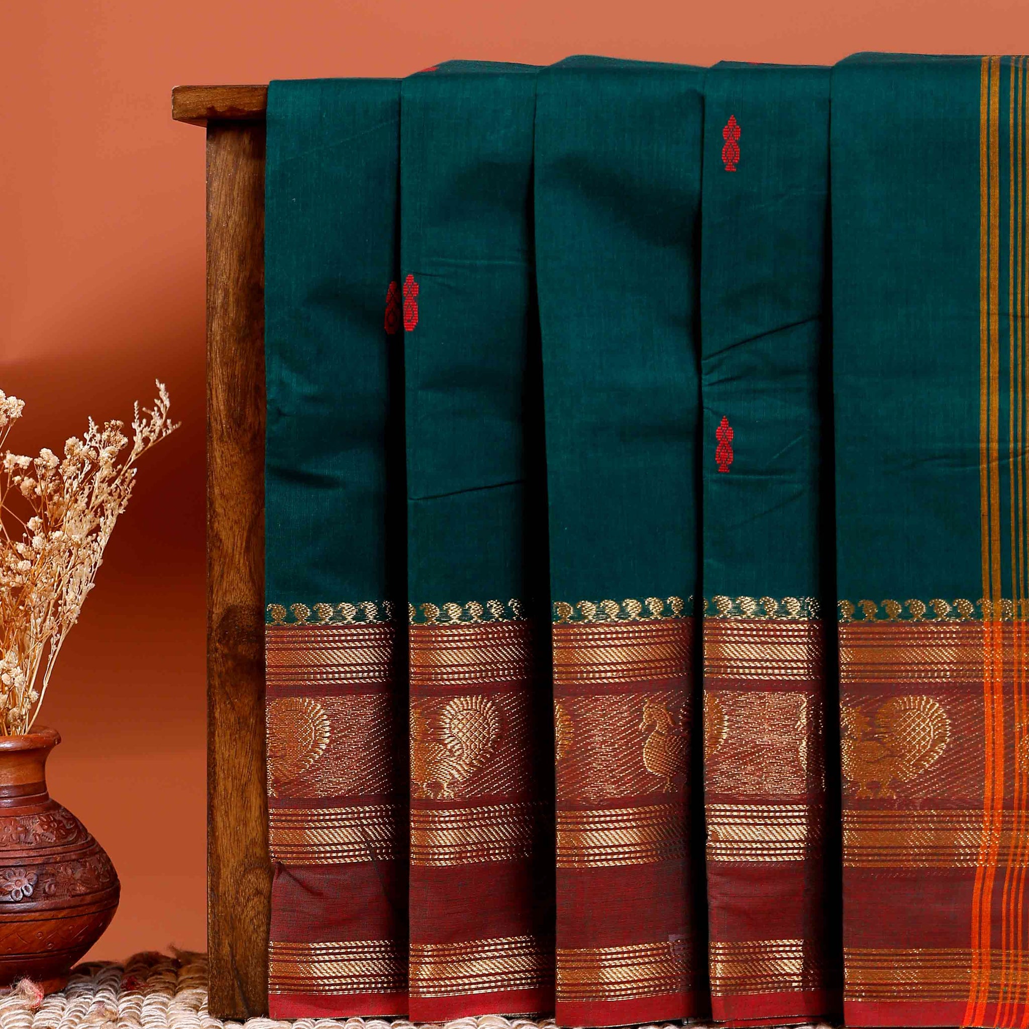 Handloom Chettinad Cotton Saree with Butta Weaves, Zari Peacock Motif Border and Contrast Pallu - Dark Green