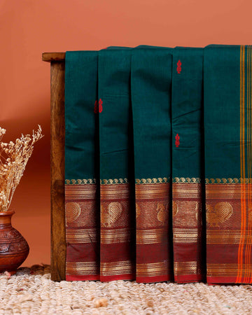 Handloom Chettinad Cotton Saree with Butta Weaves, Zari Peacock Motif Border and Contrast Pallu - Dark Green