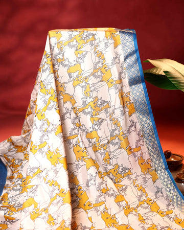 Elegant Semi Chanderi Saree with Traditional Animal Motif Print and Contrasting Zari Woven Border - Yellow