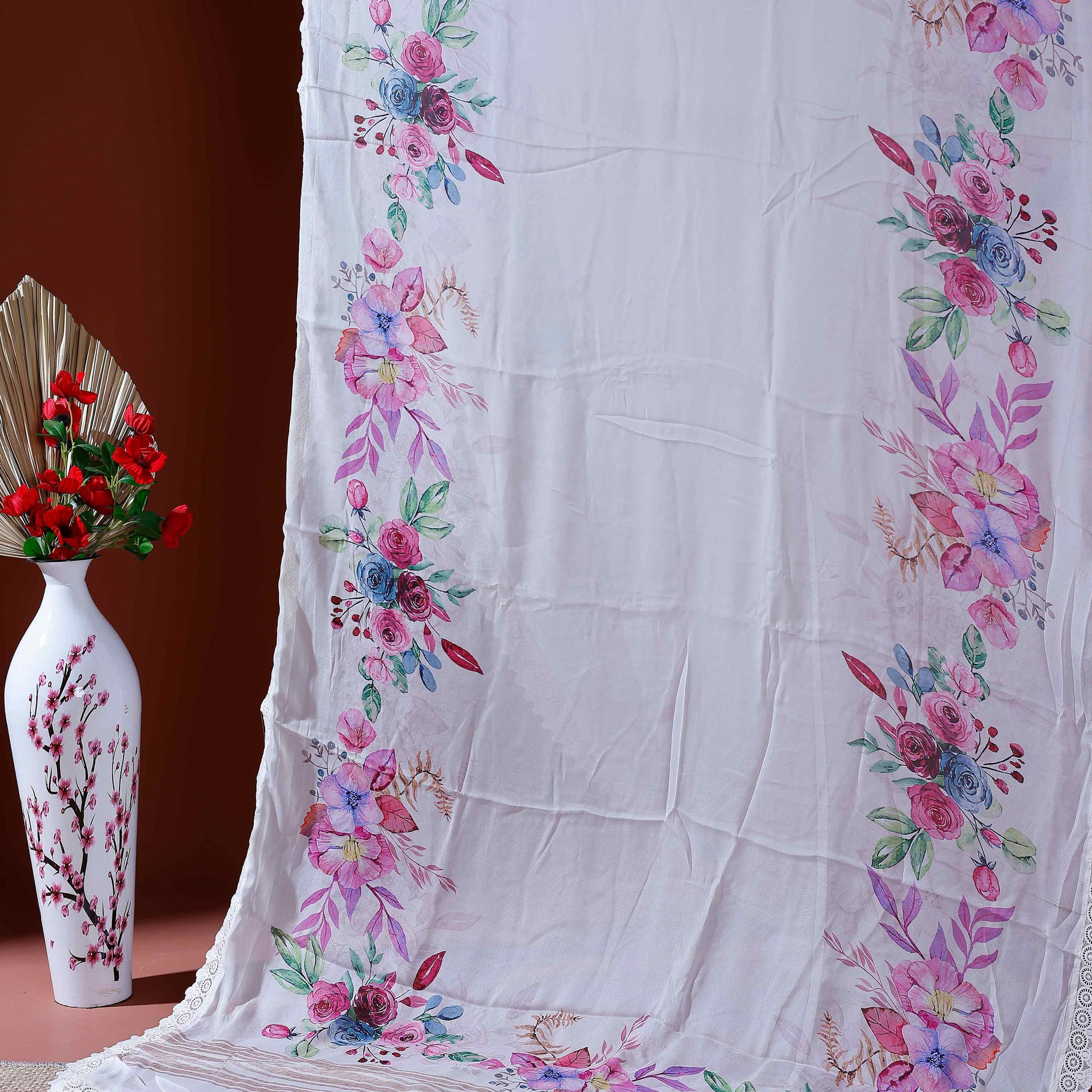 Elegant Georgette Saree with Vibrant Floral Border Prints and Delicate Lace Edging - Cream