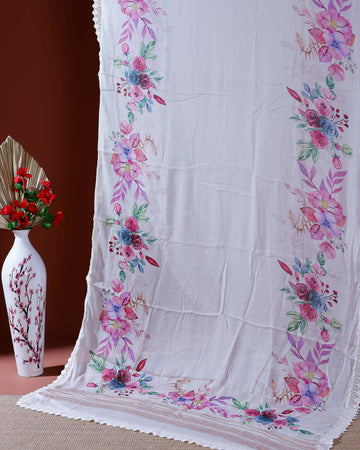 Elegant Georgette Saree with Vibrant Floral Border Prints and Delicate Lace Edging - Cream
