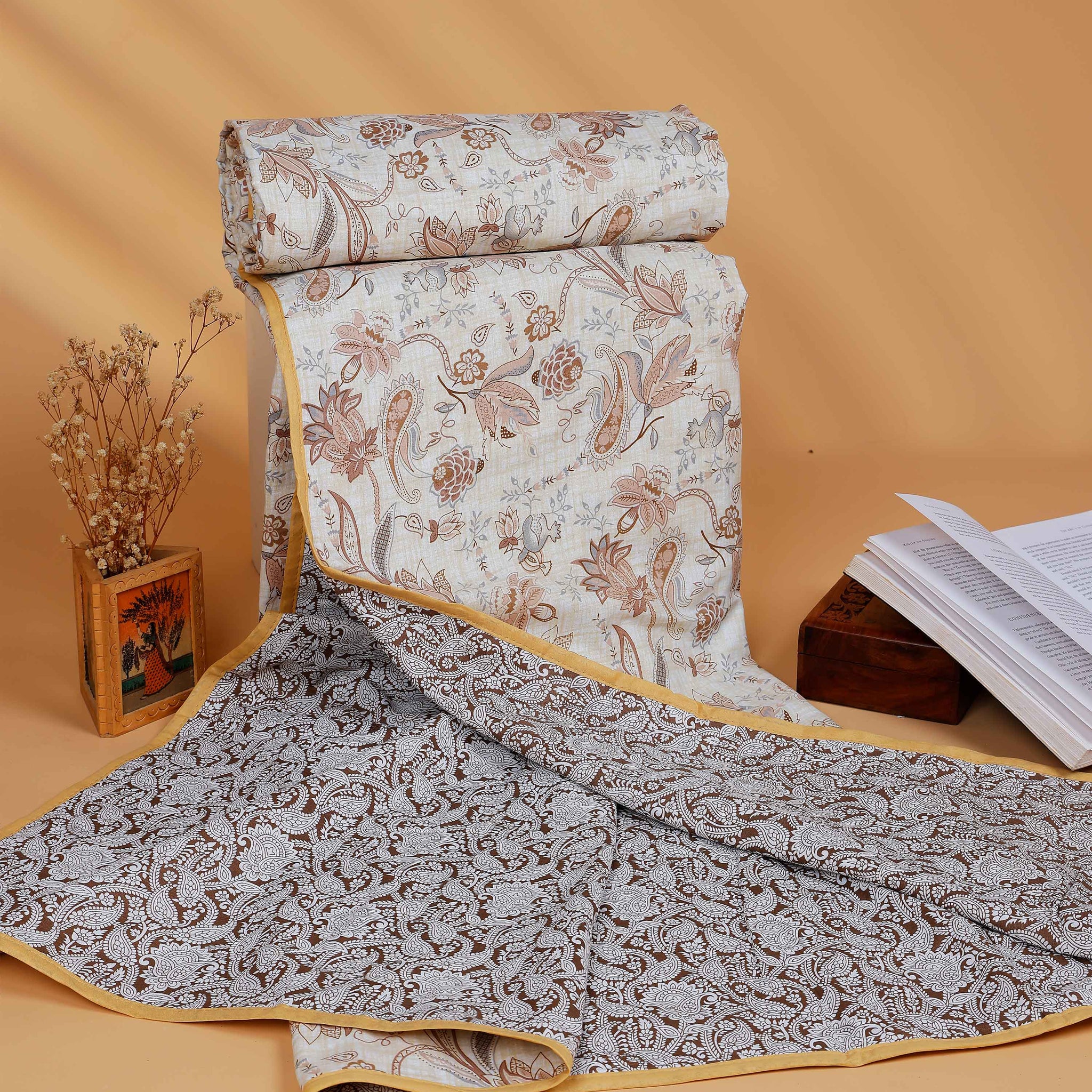 Reversible Cotton Single Quilt with Beige Floral and Brown Paisley Prints