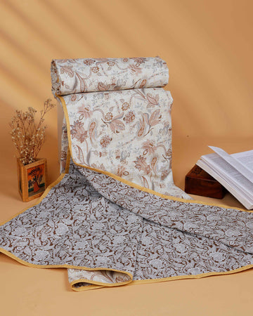 Reversible Cotton Single Quilt with Beige Floral and Brown Paisley Prints