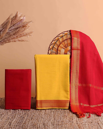 Women's Ethnic Cotton Handloom Unstitched Salwar Suit Set Top 2.5m, Pant 2m, Dupatta 2.25m with Zari Border - Yellow