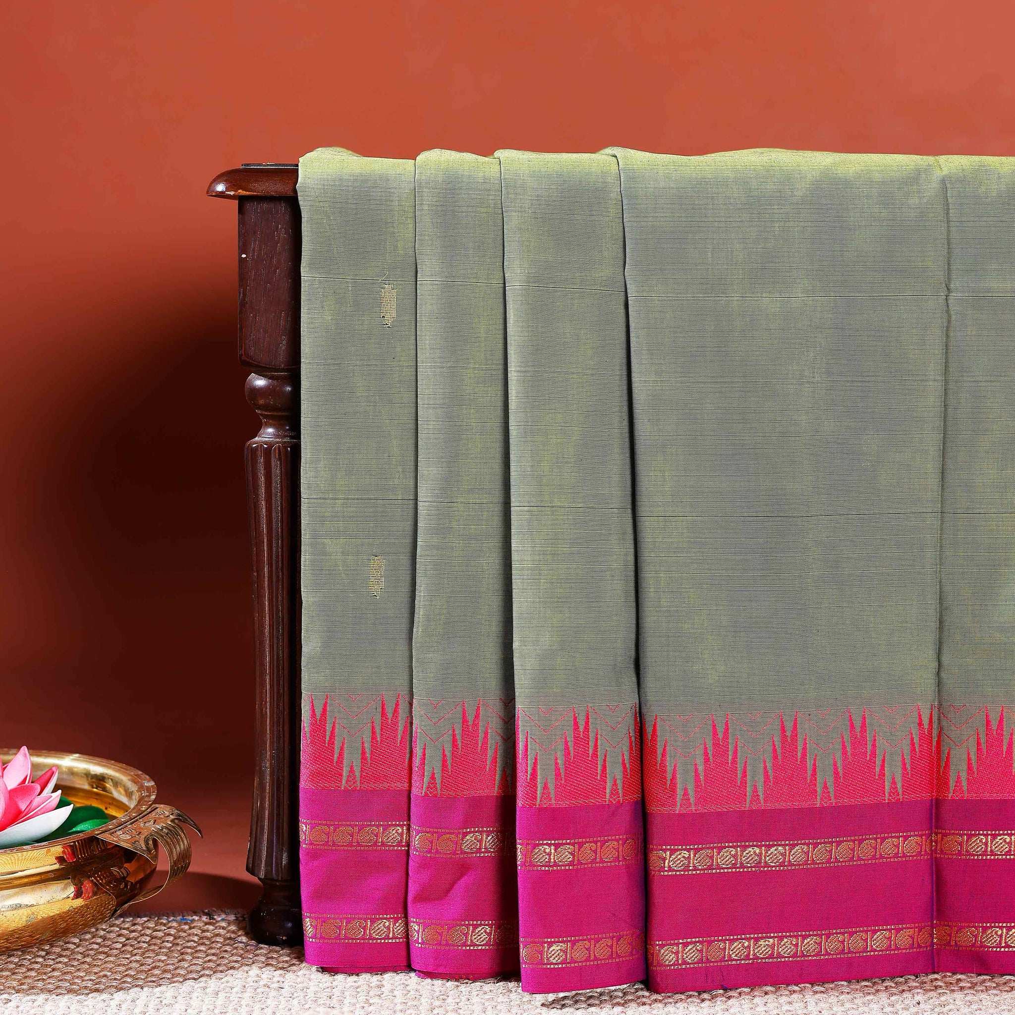 Chettinad Handloom Cotton Saree with Traditional Temple Border and Striped Body - Green